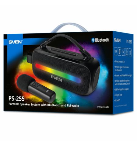 SVEN PS-255 Black, Bluetooth Portable Speaker with wireless microphone, 12W RMS (2x6W), Dynamic switchable RGB backlight, FM tuner, USB, Li-Ion battery: 3.7V, 3600mAh (13.32Wh) / USB Type-C: DC 5 V, 1.2 kg, black