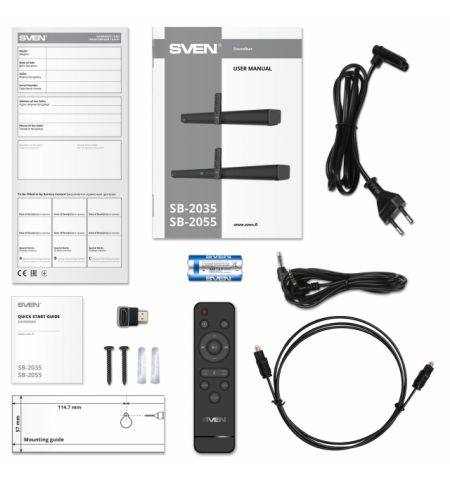 SVEN Soundbar SB-2055, 80 W, Bluetooth, USB, AUX (3.5mm jack), HDMI (ARC), SPDIF (Optical), remote control, LED display, black