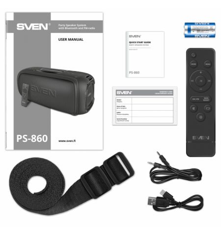SVEN PS-860, 100W (2x50) Dynamic switchable RGB backlight, TWS, Bluetooth, FM, USB, microSD,  Li-Ion battery: 7.4 V, 5400 mA·h (39.96 W·h), Two microphone inputs for karaoke, Remote control, NFC, Carrying handle, 5.7kg, Black SVEN PS-860, 100W (2x50) Dynamic switchable RGB backlight, TWS, Bluetooth, FM, USB, microSD,  Li-Ion battery: 7.4 V, 5400 mA·h (39.96 W·h), Two microphone inputs for karaoke, Remote control, NFC, Carrying handle, 5.7kg, Black