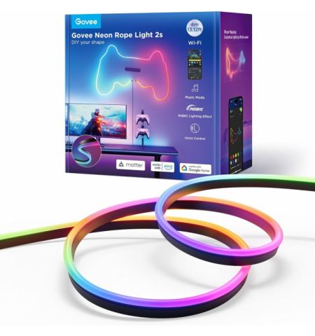 Light Strip  GOVEE RGBIC Neon Rope Strip Ligth 2s 4m, Black, Smart Wi-Fi Light Strip, Wi-Fi + BT, Matter Compatible, Multicolor, Zonal Color Control, App, Shape Recognition, No Hub Required, Flexible Installation, AI Lighting Bot