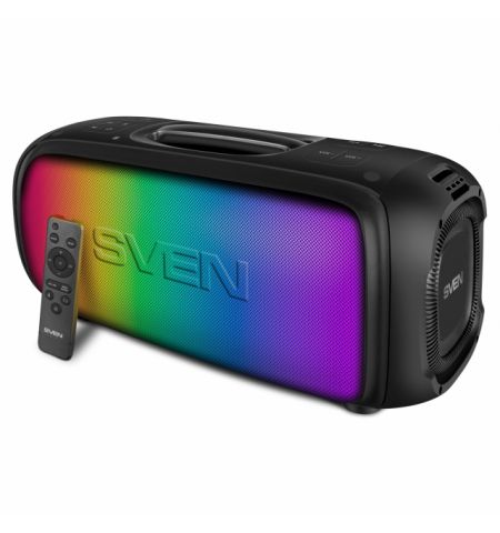 SVEN PS-860, 100W (2x50) Dynamic switchable RGB backlight, TWS, Bluetooth, FM, USB, microSD,  Li-Ion battery: 7.4 V, 5400 mA·h (39.96 W·h), Two microphone inputs for karaoke, Remote control, NFC, Carrying handle, 5.7kg, Black