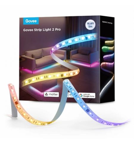 Light Strip  GOVEE RGBICWW LED Strip Light 2 Pro 5m, Protective Coating, Smart Wi-Fi Light Strip, 5-in-1 RGBIC+ Technology, Matter Compatible, Multicolor, Zonal Color Control, App, Voice Control, No Hub Required, 3M Peel-and-Stick, Flexible Installation, 