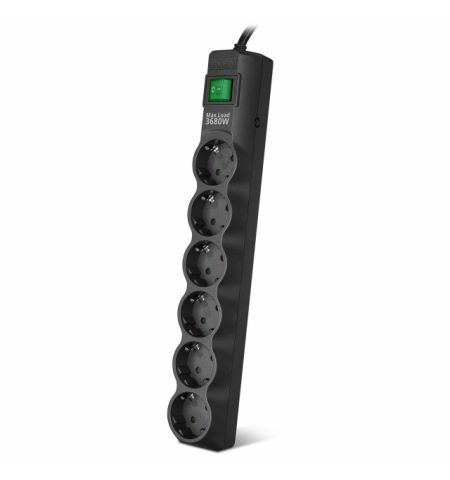 Surge Protector SVEN SF-06E-16, 6 Sockets, Children protection, Varistor protection, NON-FLAMMABLE, 3680W, 5.0m, Black