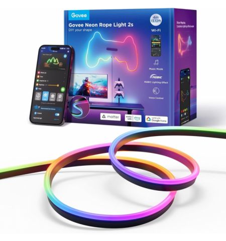 Light Strip  GOVEE RGBIC Neon Rope Strip Ligth 2s 4m, Black, Smart Wi-Fi Light Strip, Wi-Fi + BT, Matter Compatible, Multicolor, Zonal Color Control, App, Shape Recognition, No Hub Required, Flexible Installation, AI Lighting Bot Light Strip  GOVEE RGBIC Neon Rope Strip Ligth 2s 4m, Black, Smart Wi-Fi Light Strip, Wi-Fi + BT, Matter Compatible, Multicolor, Zonal Color Control, App, Shape Recognition, No Hub Required, Flexible Installation, AI Lighting Bot