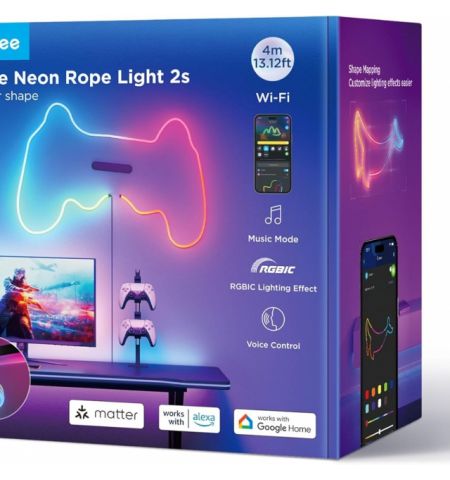 Light Strip  GOVEE RGBIC Neon Rope Strip Ligth 2s 4m, Black, Smart Wi-Fi Light Strip, Wi-Fi + BT, Matter Compatible, Multicolor, Zonal Color Control, App, Shape Recognition, No Hub Required, Flexible Installation, AI Lighting Bot Light Strip  GOVEE RGBIC Neon Rope Strip Ligth 2s 4m, Black, Smart Wi-Fi Light Strip, Wi-Fi + BT, Matter Compatible, Multicolor, Zonal Color Control, App, Shape Recognition, No Hub Required, Flexible Installation, AI Lighting Bot