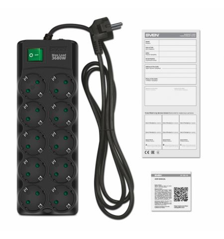 Surge Protector SVEN SF-10E-16, 10 Sockets, Children protection, Varistor protection, NON-FLAMMABLE, 3680W, 3.0m, Black Surge Protector SVEN SF-10E-16, 10 Sockets, Children protection, Varistor protection, NON-FLAMMABLE, 3680W, 3.0m, Black