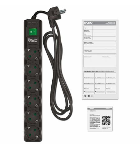 Surge Protector SVEN SF-06E-16, 6 Sockets, Children protection, Varistor protection, NON-FLAMMABLE, 3680W, 5.0m, Black Surge Protector SVEN SF-06E-16, 6 Sockets, Children protection, Varistor protection, NON-FLAMMABLE, 3680W, 5.0m, Black