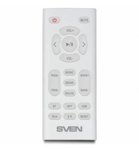SVEN MC-5 White,  2.0 / 2x25W RMS, Bluetooth, RCA, microSD, USB flash, optical input, remote control, All-in-one control panel with touch buttons.