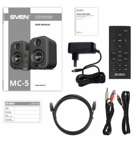 SVEN MC-5 Grey,  2.0 / 2x25W RMS, Bluetooth, RCA, microSD, USB flash, optical input, remote control, All-in-one control panel with touch buttons.