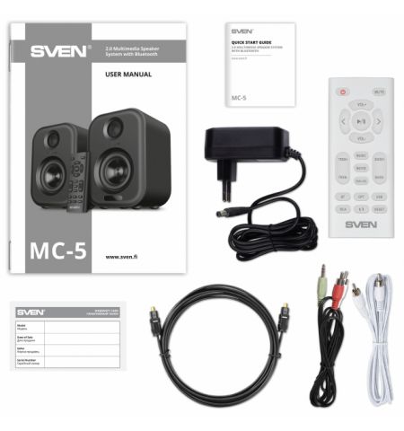 SVEN MC-5 White,  2.0 / 2x25W RMS, Bluetooth, RCA, microSD, USB flash, optical input, remote control, All-in-one control panel with touch buttons.