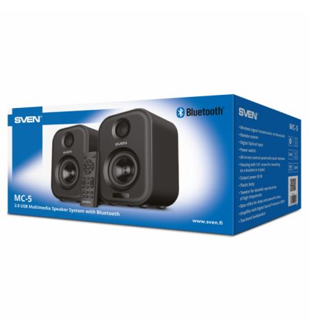 SVEN MC-5 Grey,  2.0 / 2x25W RMS, Bluetooth, RCA, microSD, USB flash, optical input, remote control, All-in-one control panel with touch buttons.