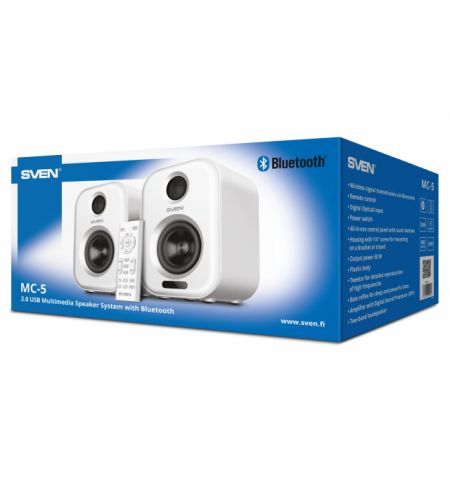 SVEN MC-5 White,  2.0 / 2x25W RMS, Bluetooth, RCA, microSD, USB flash, optical input, remote control, All-in-one control panel with touch buttons.