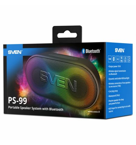 SVEN PS-99, Bluetooth Waterproof Portable Speaker, 10W RMS, Dynamic switchable RGB backlight, Water protection (IPx5), TWS, built-in lithium battery -1800 mAh,  AUX stereo input SVEN PS-99, Bluetooth Waterproof Portable Speaker, 10W RMS, Dynamic switchable RGB backlight, Water protection (IPx5), TWS, built-in lithium battery -1800 mAh,  AUX stereo input