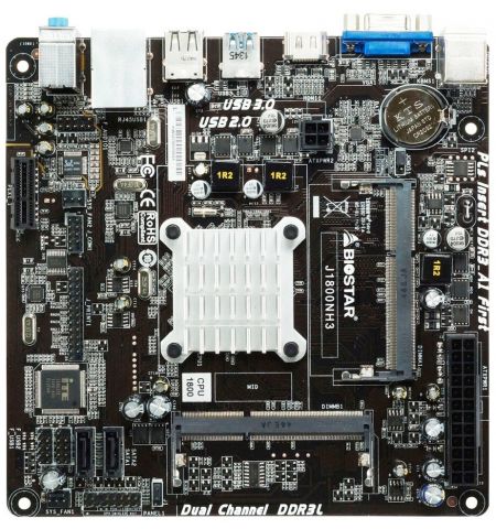 BIOSTAR J1800NH3, MB + CPU onboard: Dual-core Celeron J1800 (2.41-2.58GHz), Dual 2x SO-DIMM DDR3L-1333 (up to 16GB), Intel HD graphics, VGA, HDMI, 2xSATA2, 1xPCIe X1, ALC662 HDA, COM & LPT Header, 1xGbE LAN, 1xUSB3.0, 6xUSB 2.0, Mini-ITX