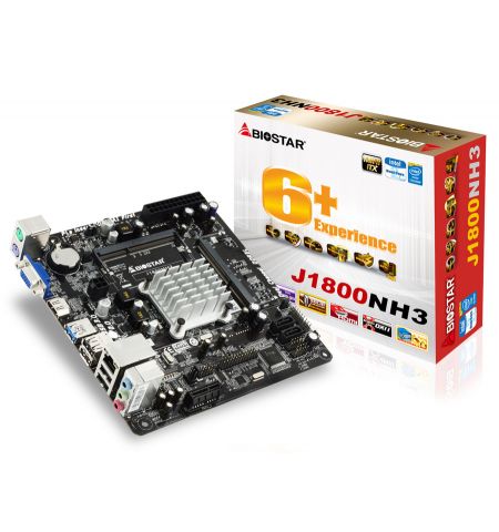 BIOSTAR J1800NH3, MB + CPU onboard: Dual-core Celeron J1800 (2.41-2.58GHz), Dual 2x SO-DIMM DDR3L-1333 (up to 16GB), Intel HD graphics, VGA, HDMI, 2xSATA2, 1xPCIe X1, ALC662 HDA, COM & LPT Header, 1xGbE LAN, 1xUSB3.0, 6xUSB 2.0, Mini-ITX BIOSTAR J1800NH3, MB + CPU onboard: Dual-core Celeron J1800 (2.41-2.58GHz), Dual 2x SO-DIMM DDR3L-1333 (up to 16GB), Intel HD graphics, VGA, HDMI, 2xSATA2, 1xPCIe X1, ALC662 HDA, COM & LPT Header, 1xGbE LAN, 1xUSB3.0, 6xUSB 2.0, Mini-ITX