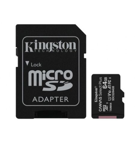 64GB Kingston microSD Class10 UHS-I  U1 V10  A1 + SD adapter Canvas Select Plus, Up to: 100MB/s 64GB Kingston microSD Class10 UHS-I  U1 V10  A1 + SD adapter Canvas Select Plus, Up to: 100MB/s