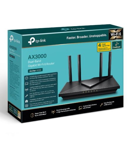 TP-LINK Archer AX55, AX3000 Dual-Band Wi-Fi 6 Router, SPEED: 574 Mbps at 2.4 GHz + 2402 Mbps at 5 GHz, SPEC: 4? Antennas, 1? Gigabit WAN Port + 4? Gig TP-LINK Archer AX55, AX3000 Dual-Band Wi-Fi 6 Router, SPEED: 574 Mbps at 2.4 GHz + 2402 Mbps at 5 GHz, SPEC: 4? Antennas, 1? Gigabit WAN Port + 4? Gig