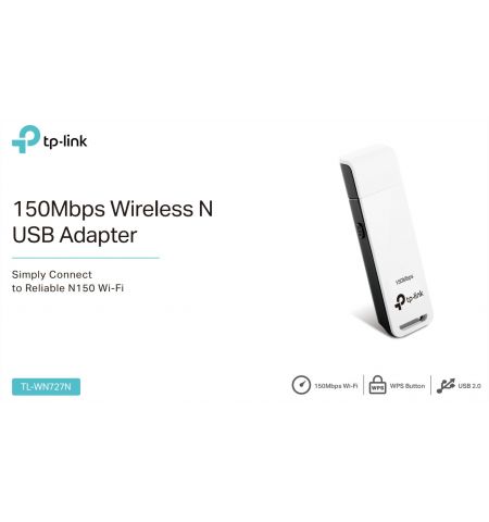 TP-LINK TL-WN727N 150Mbps Wireless N USB Adapter, Mediatek, 1T1R, 2.4GHz, 802.11b/g/n