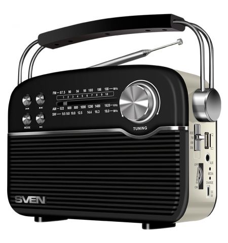 SVEN SRP-500 Black, FM/AM/SW Radio, 3W RMS, 8-band radio receiver, built-in audio files player from USB-fash, microSD and SD card storage devices, telescopic swivel antenna, built-in battery