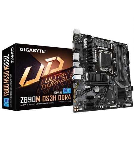 GIGABYTE Z690M DS3H DDR4, Socket 1700, Intel® Z690 (13/12th Gen CPU), 9Phases, CPU graphics, VGA, HDMI, 2xDP, Dual 4xDDR4-5333, 1xPCIe X16 5.0, 4xSATA3, RAID, 2xM.2 4.0, 2xPCIe X1, ALC897 HDA, 2.5GbE LAN, 1xUSB-C 3.2Gen2, 5xUSB3.2, RGB Fusion 2.0, mATX