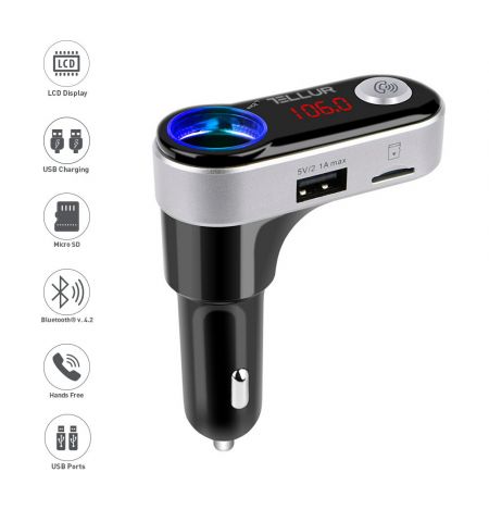 Car FM Transmitter, FMT-B2, Bluetooth, Display, MicroSD, 2 x USB max 2.1A, Tellur Black  TLL622011