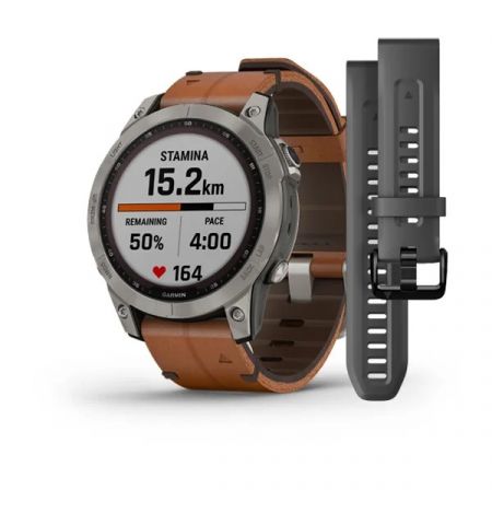 Garmin Fenix 7 Sapphire Solar Titanium with Chestnut Leather Band (includes graphite silicone band)