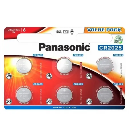 Дисковые батарейки Panasonic CR-2025EL, CR2025, 6шт.