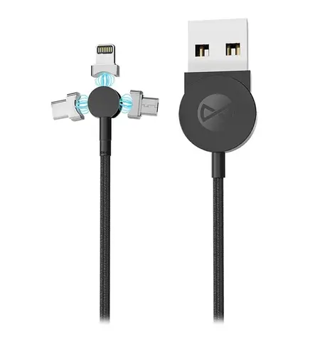 Кабель для зарядки и синхронизации Forever Magnetic Cable 3in1, USB Type-A/Micro USB, Type-C, Lighting, 1м, Чёрный