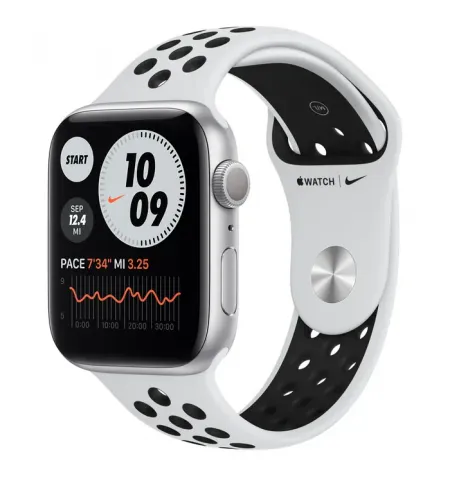 Ceas inteligent Apple Watch Series 6 GPS MG293, 44mm, Carcasa din aluminiu cu banda Pure Platinum/Black Nike Sport