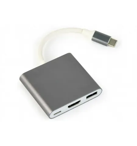 Видеоадаптер Cablexpert A-CM-HDMIF-02-SG, USB-C (M) x USB-C (F) - XHDMI (F) x USB A (F), 0,1м, Серебристый