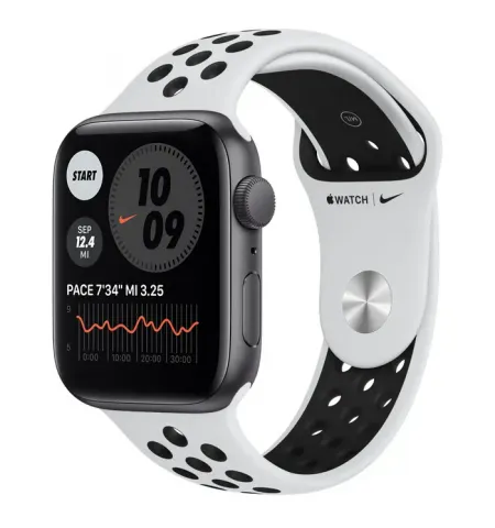 Ceas inteligent Apple Watch SE MYYH2, 44mm, Carcasa din aluminiu cu banda sport Nike Pure Platinum/Black