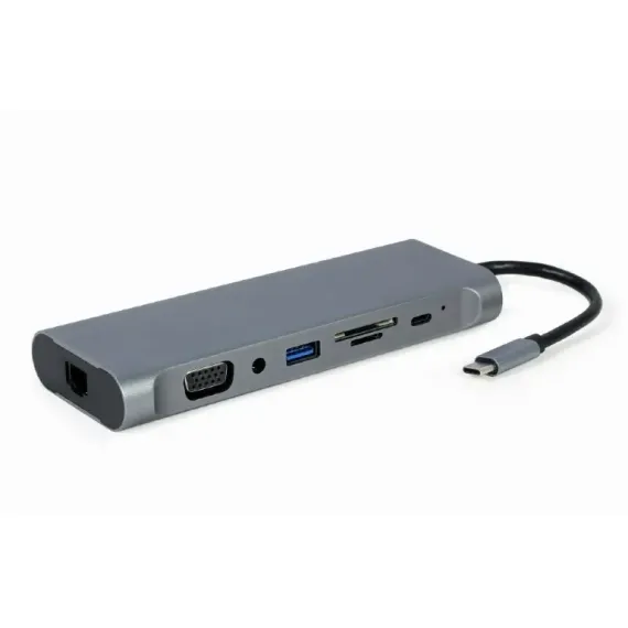 ВИДЕОАДАПТЕР CABLEXPERT A-CM-COMBO8-01, USB TYPE-C - LAN, VGA, HDMI, USB TYPE-C, USB TYPE-A, SD CARD-READER, DISPLAYPORT, ,СЕРЫЙ