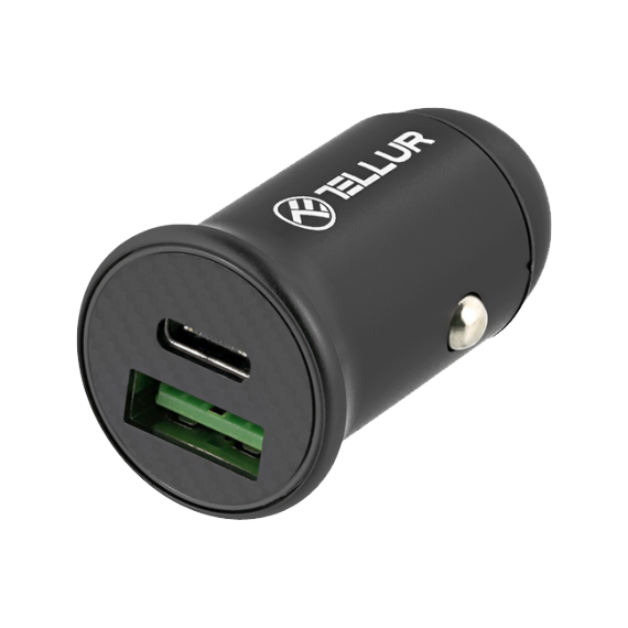 USB CAR CHARGER - TELLUR FCC7 2XDC 12-24V, 1XUSB TYPE-A QC 3.0, 1 XUSB TYPE-C PD, PD60W, QC30W, ALUMINIUM, BLACK TLL151251