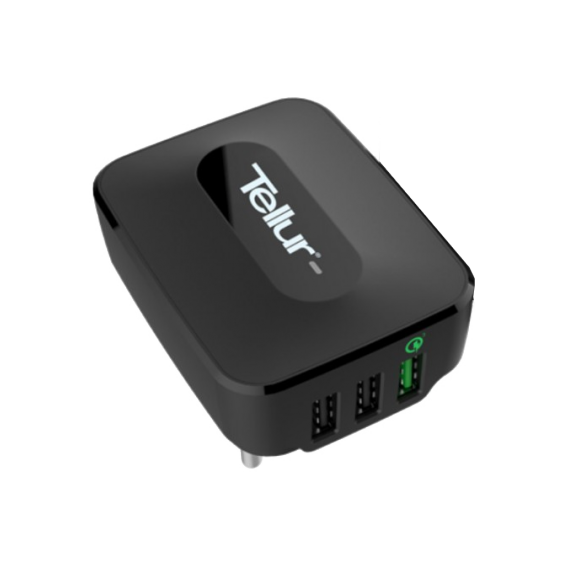 UNIVERSAL HOME CHARGER TELLUR, 3XUSB QC (3.0 + 2.4A + 2.4A), INPUT: 100/240V, BLACK  TLL151081