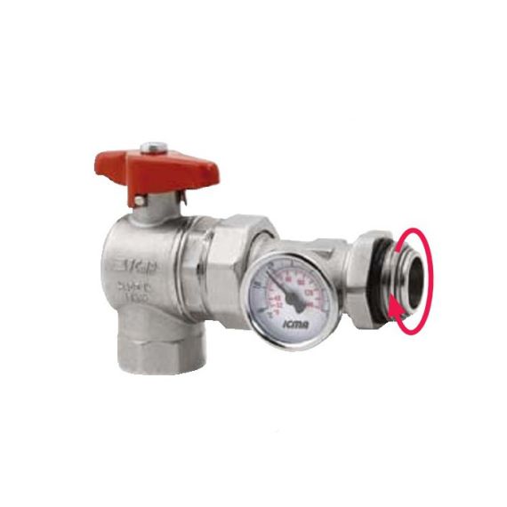 УГЛОВОЙ ШАРОВОЙ КРАН С ТЕРМОМЕТРОМ И ВРАЩАЮЩИМСЯ ПРИСОЕДИНЕНИЕМ К КОЛЛЕКТОРУ 1" ICMA КРАСН