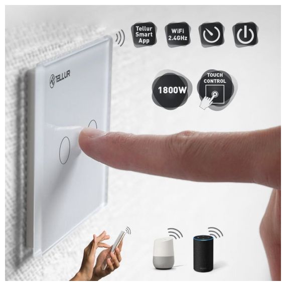 INTRERUPATOR WIFI, 2 PORTS, 1800W, 10A, TELLUR WHITE  TLL331051