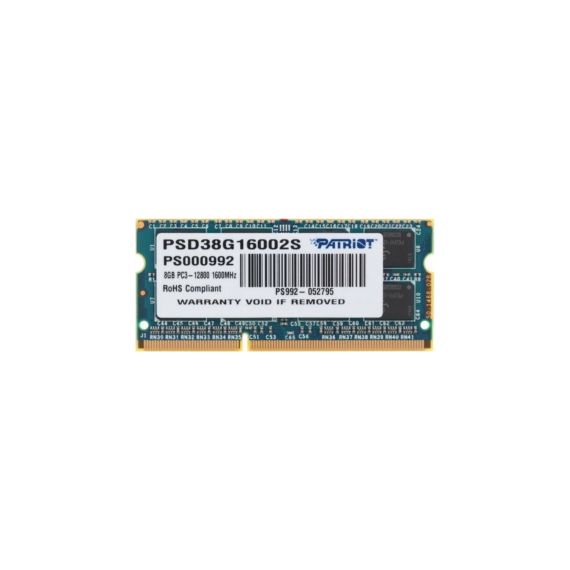 8GB DDR3-1600 SODIMM  PATRIOT SIGNATURE, PC12800, CL11, 1.5V  PSD38G16002S