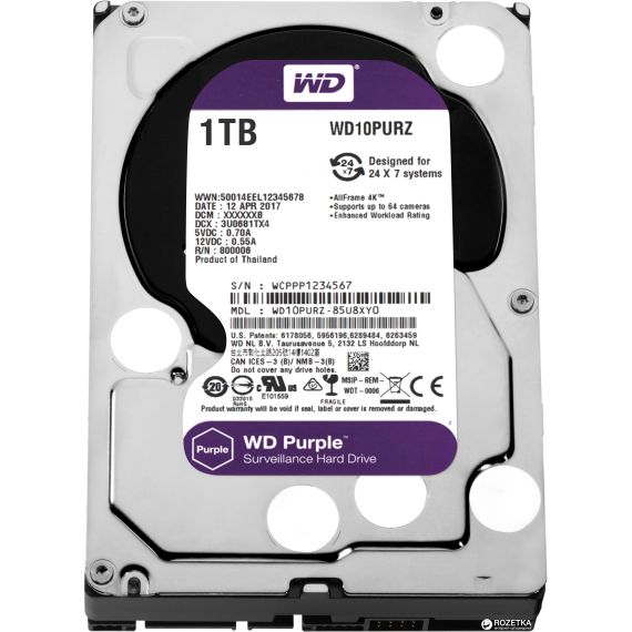 3.5" HDD 1.0TB  WESTERN DIGITAL WD10PURZ CAVIAR(R) PURPLE(TM), CMR DRIVE, INTELLIPOWER, 64MB, SATAIII