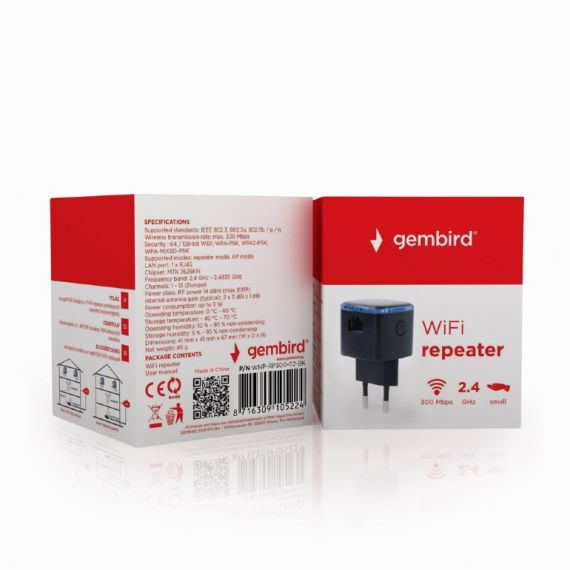 WI-FI REPEATER GEMBIRD WNP-RP300-03-BK / N300 / WI-FI4 / 1 X 10/100M RJ45 / BLACK