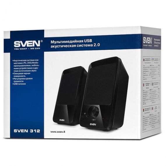SVEN 312 BLACK (USB), 2.0 / 2X2W RMS, USB POWER SUPPLY, 2.75"