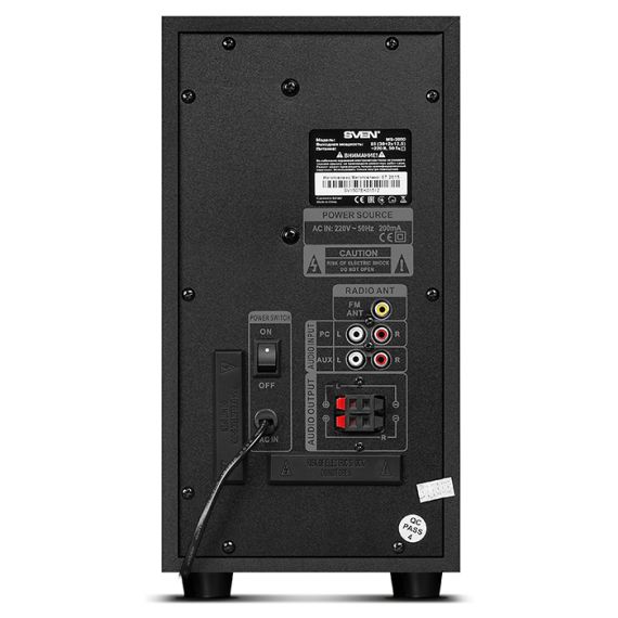 SVEN MS-2050 BLACK,  2.1 / 30W + 2X12.5W RMS, BLUETOOTH, FM-TUNER, USB & SD CARD INPUT, DIGITAL LED DISPLAY, BUILT-IN CLOCK, SET THE SWITCH-OFF TIME, REMOTE CONTROL, ALL WOODEN