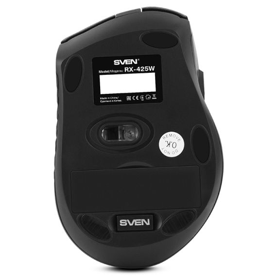 SVEN RX-425W WIRELESS, OPTICAL MOUSE, 2.4GHZ, NANO RECEIVER, 800/1200/1600 DPI, DPI RESOLUTION SWITCH, TWO ADDITIONAL NAVIGATION BUTTONS (FORWARD AND BACK), USB, BLACK