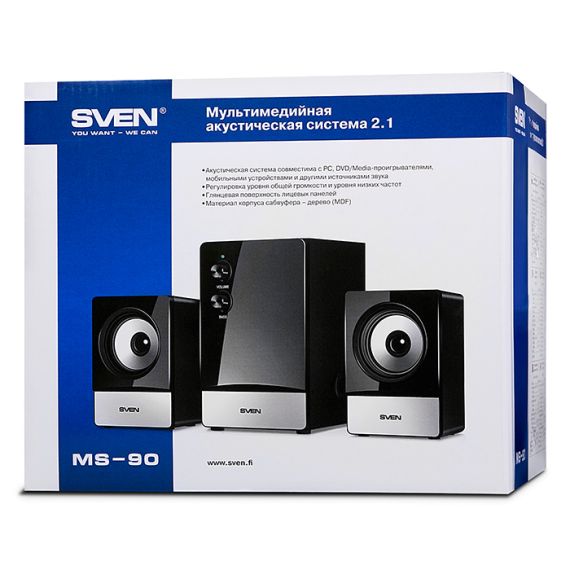 SVEN MS-90 BLACK,  2.1 / 5W + 2X5W RMS, VOLUME CONTROL AND BASS CONTROL, WOODEN