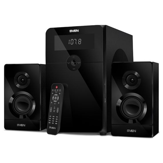 SVEN MS-2250 BLACK,  2.1 / 50W + 2X15W RMS, BLUETOOTH, FM-TUNER, USB & SD CARD INPUT, DIGITAL LED DISPLAY, BUILT-IN CLOCK, SET THE SWITCH-OFF TIME, REMOTE CONTROL, ALL WOODEN
