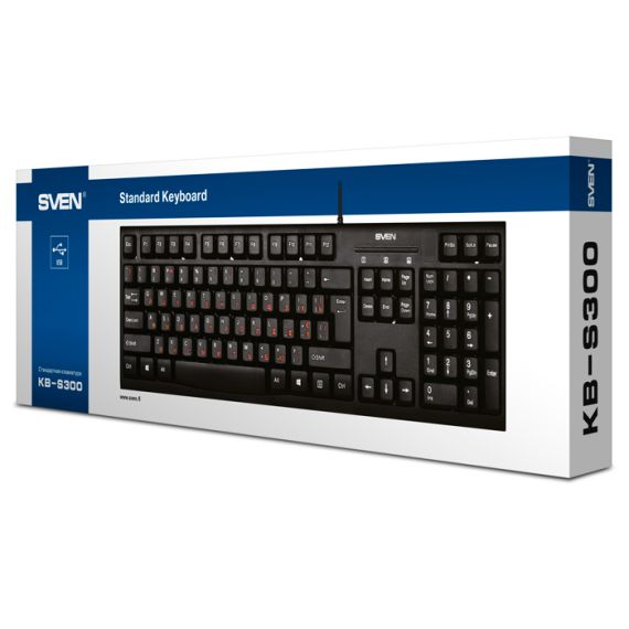 SVEN KB-S300, KEYBOARD, WATERPROOF DESIGN, TRADITIONAL LAYOUT, COMFORTABLE, QUIET AND PRECISE KEYSTROKE, USB, BLACK