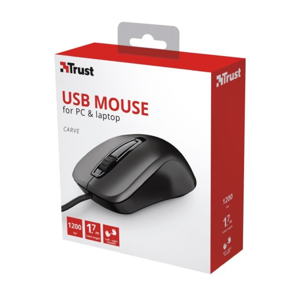 TRUST CARVE OPTICAL MOUSE, 1200 DPI, 3 BUTTON, USB, BLACK