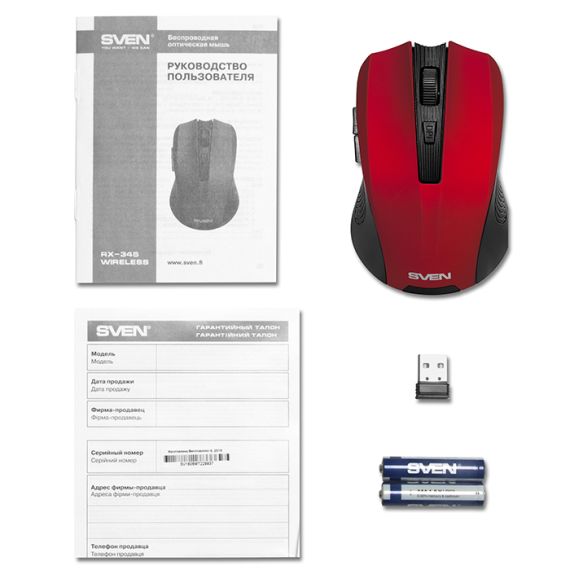 SVEN RX-350W RED WIRELESS, OPTICAL MOUSE, 2.4GHZ, 5-BUTTONS, NANO RECEIVER, 1200/1800 DPI, USB