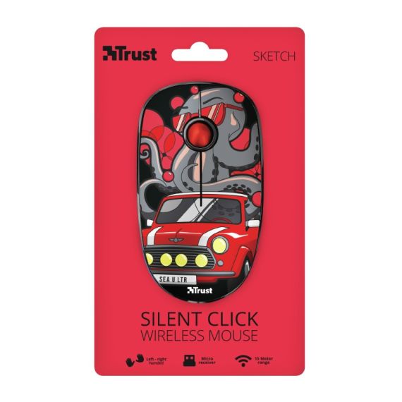 TRUST SKETCH RED WIRELESS MOUSE, SILENT CLICK, 15M  2.4GHZ, MICRO RECEIVER, 1600 DPI, 3 BUTTON, USB