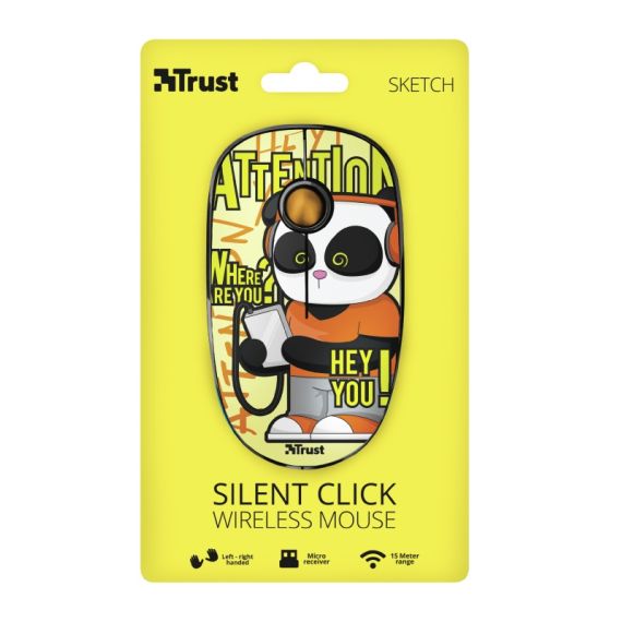 TRUST SKETCH YELLOW WIRELESS MOUSE, SILENT CLICK, 15M  2.4GHZ, MICRO RECEIVER, 1600 DPI, 3 BUTTON, USB