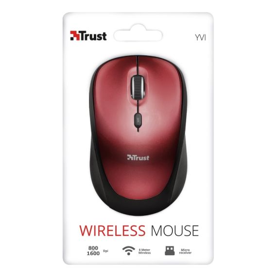 TRUST YVI WIRELESS MOUSE - RED, 8M 2.4GHZ, MICRO RECEIVER, 800-1600 DPI, 4 BUTTON, RUBBER SIDES FOR COMFORT AND GRIP, USB